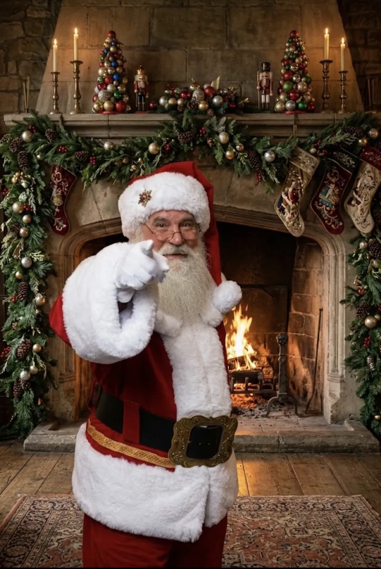 Santa Doug in his traditional red suit beside a lit fireplace