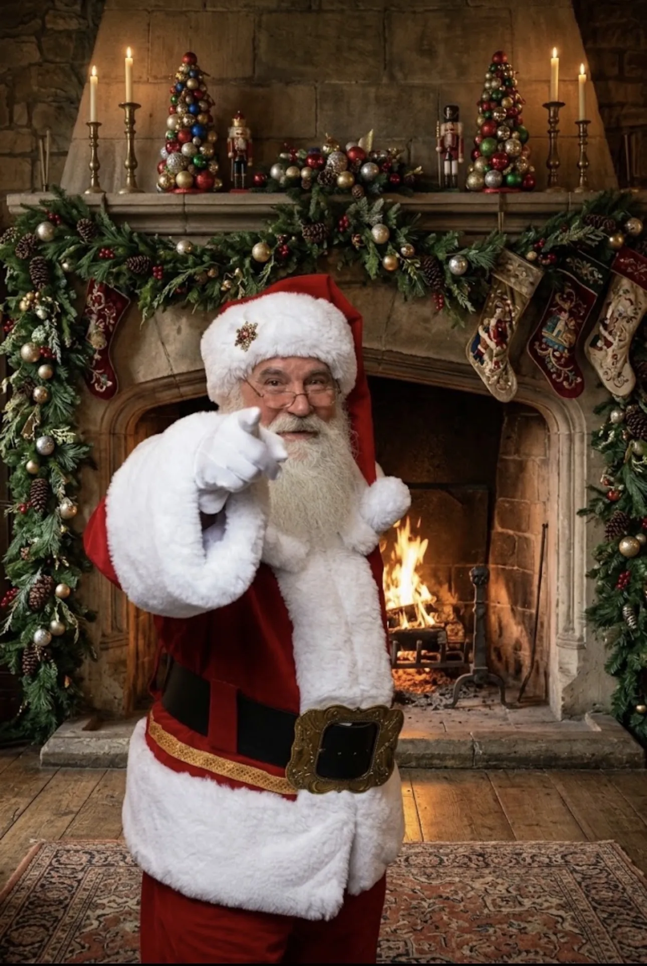 Santa Doug in a red suit with white fur trim, waving with both hands