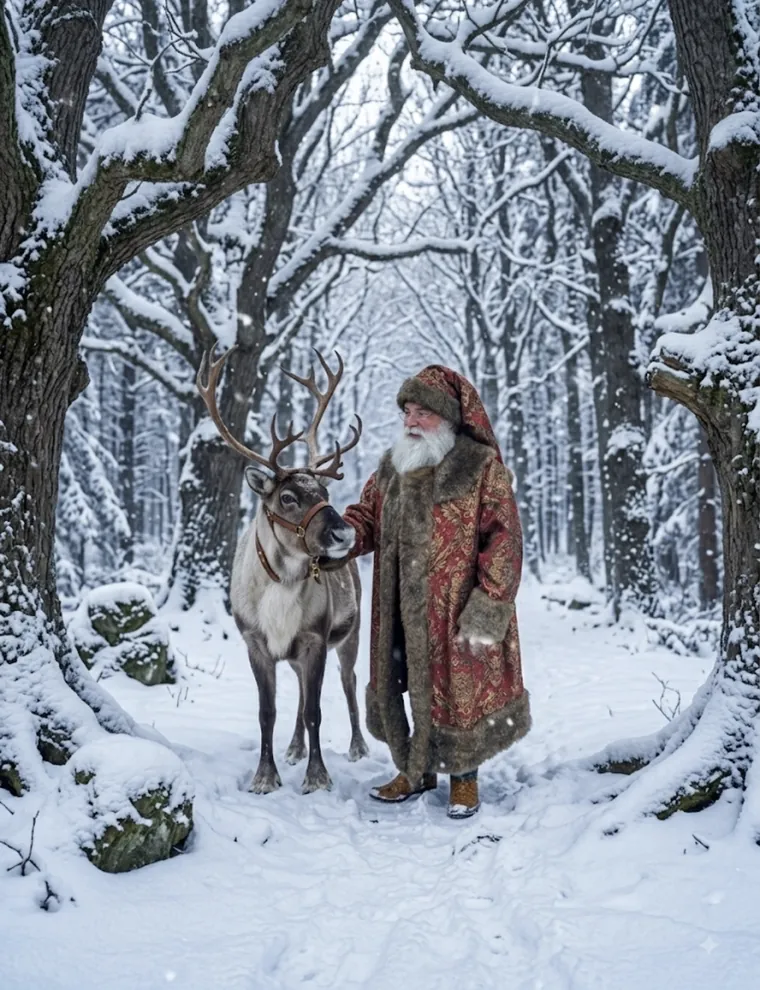 Santa Doug in a Nordic robe with a reindeer in a snowy forest
