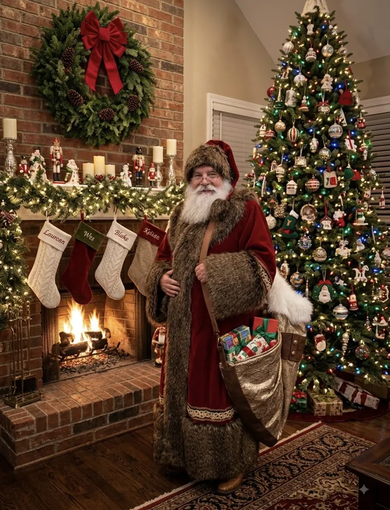 Santa Doug as Papa Noel in a long fur-trimmed robe by a Christmas tree